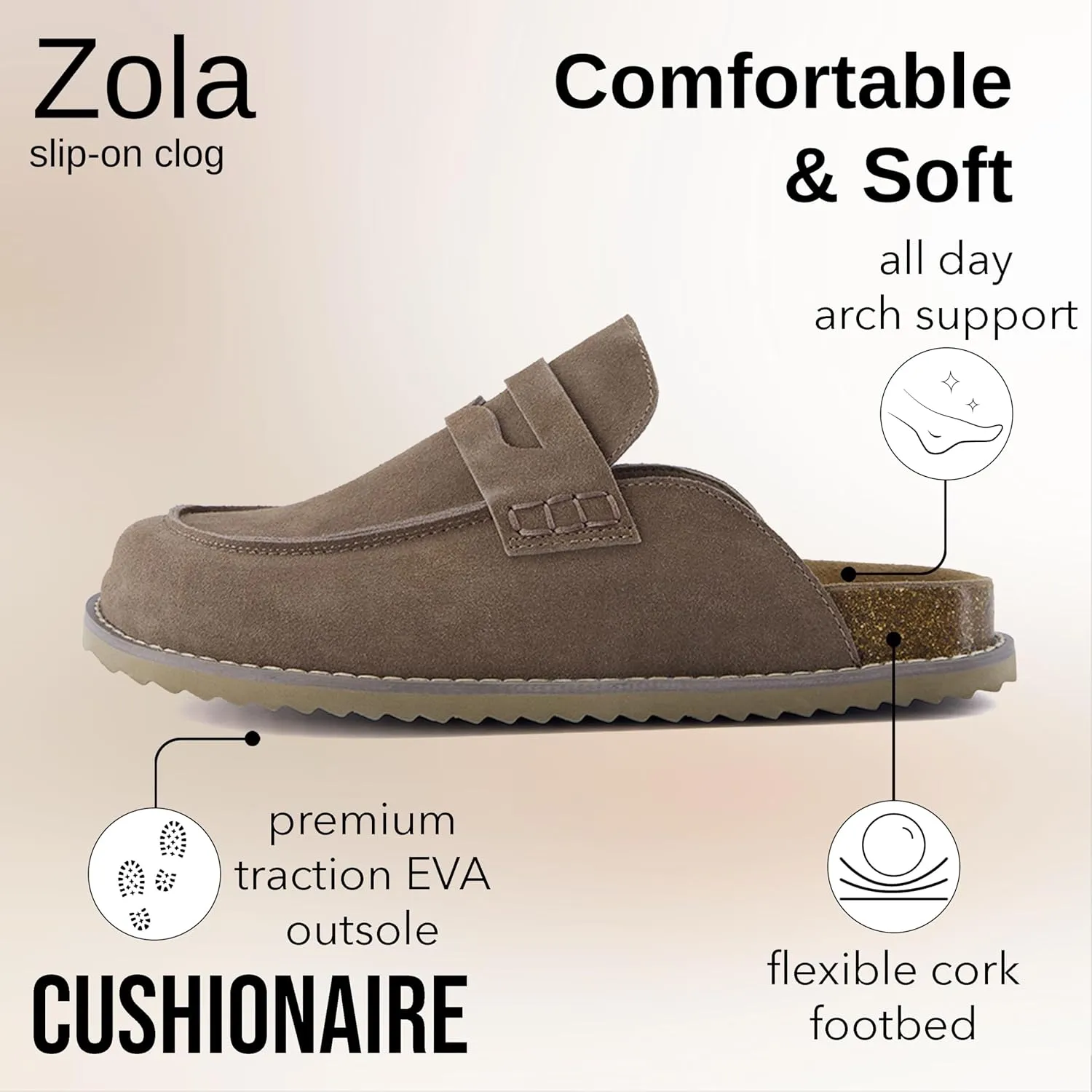 CUSHIONAIRE Zola Women’s Penny Clog Mule – Suede Slip-On with Memory Foam, Cork Footbed & Flexible Outsole