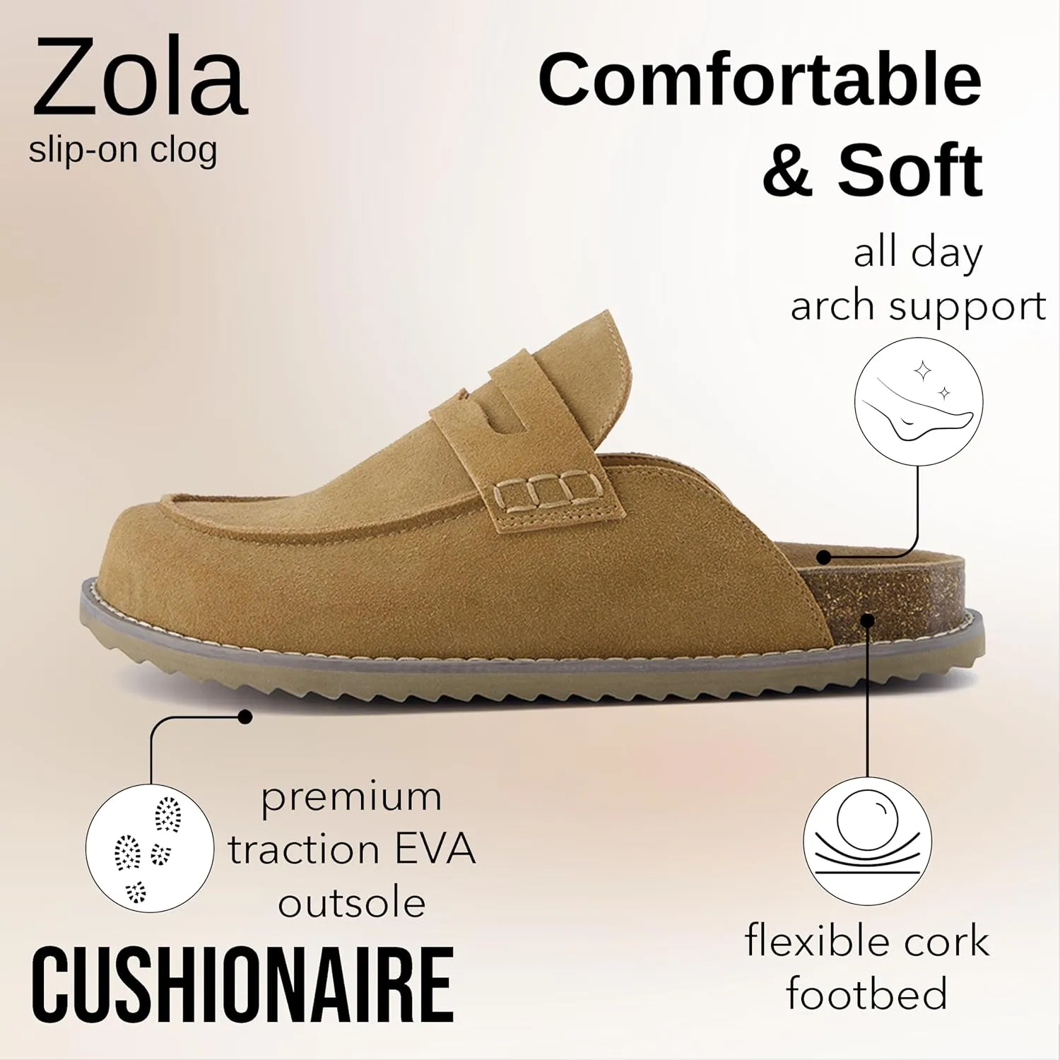 CUSHIONAIRE Zola Women’s Penny Clog Mule – Suede Slip-On with Memory Foam, Cork Footbed & Flexible Outsole