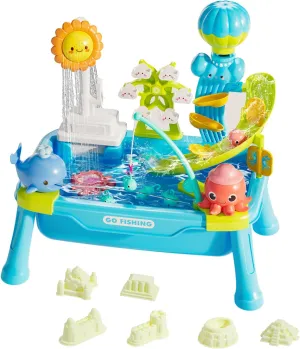 CUTE STONE Water Table for Toddlers with Electric Water Pump, Slides, Sand Molde, Play Sink, Fishing Game Table Summer Beach Outdoor Toys for Boys & Girls