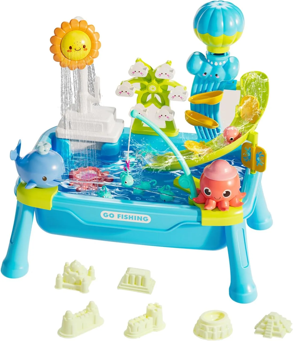 CUTE STONE Water Table for Toddlers with Electric Water Pump, Slides, Sand Molde, Play Sink, Fishing Game Table Summer Beach Outdoor Toys for Boys & Girls
