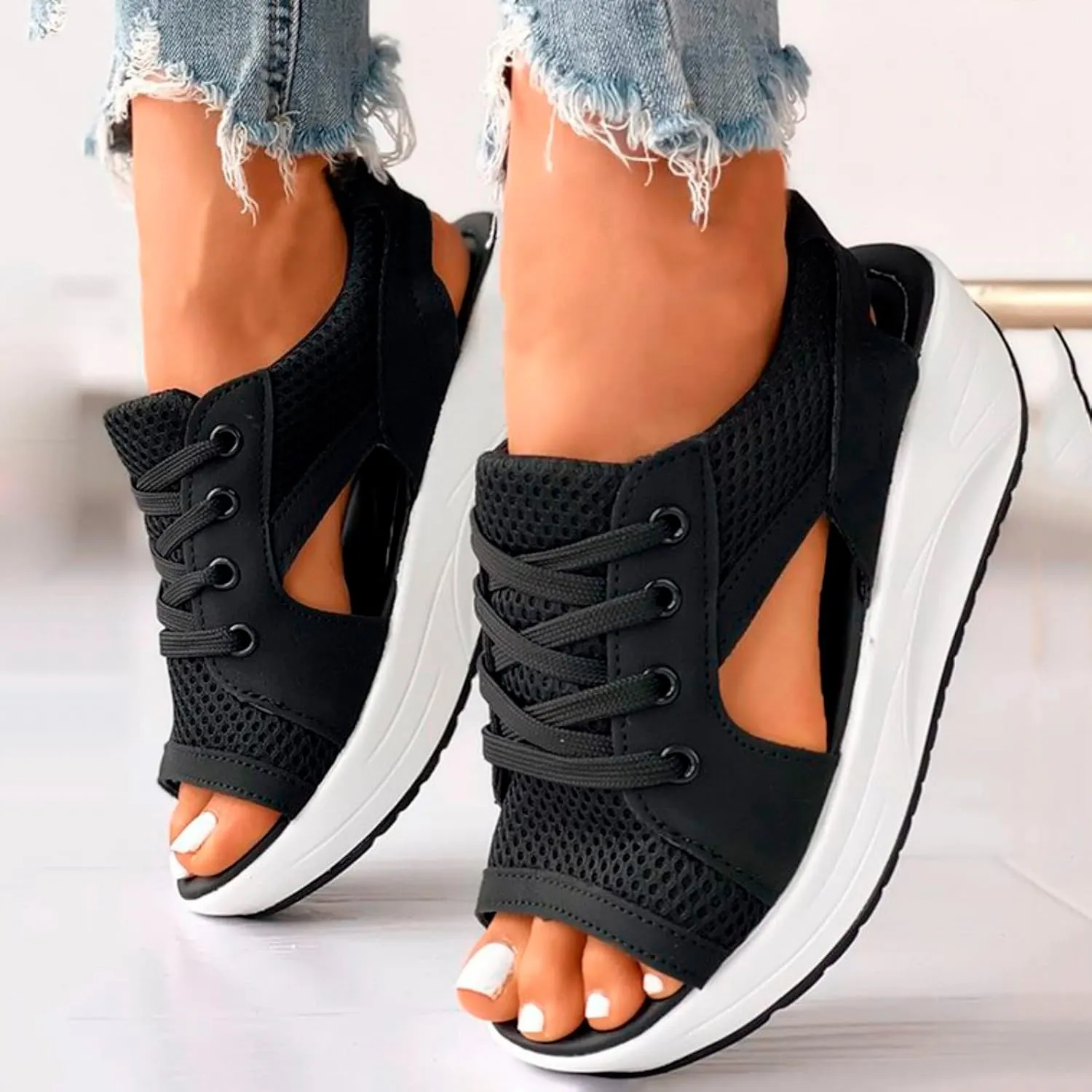 Cutout Lace Up Muffin Sandals for Women Peep Toe Platform Sneakers Breathable Mesh Sport Shoes Summer Walking Sandals