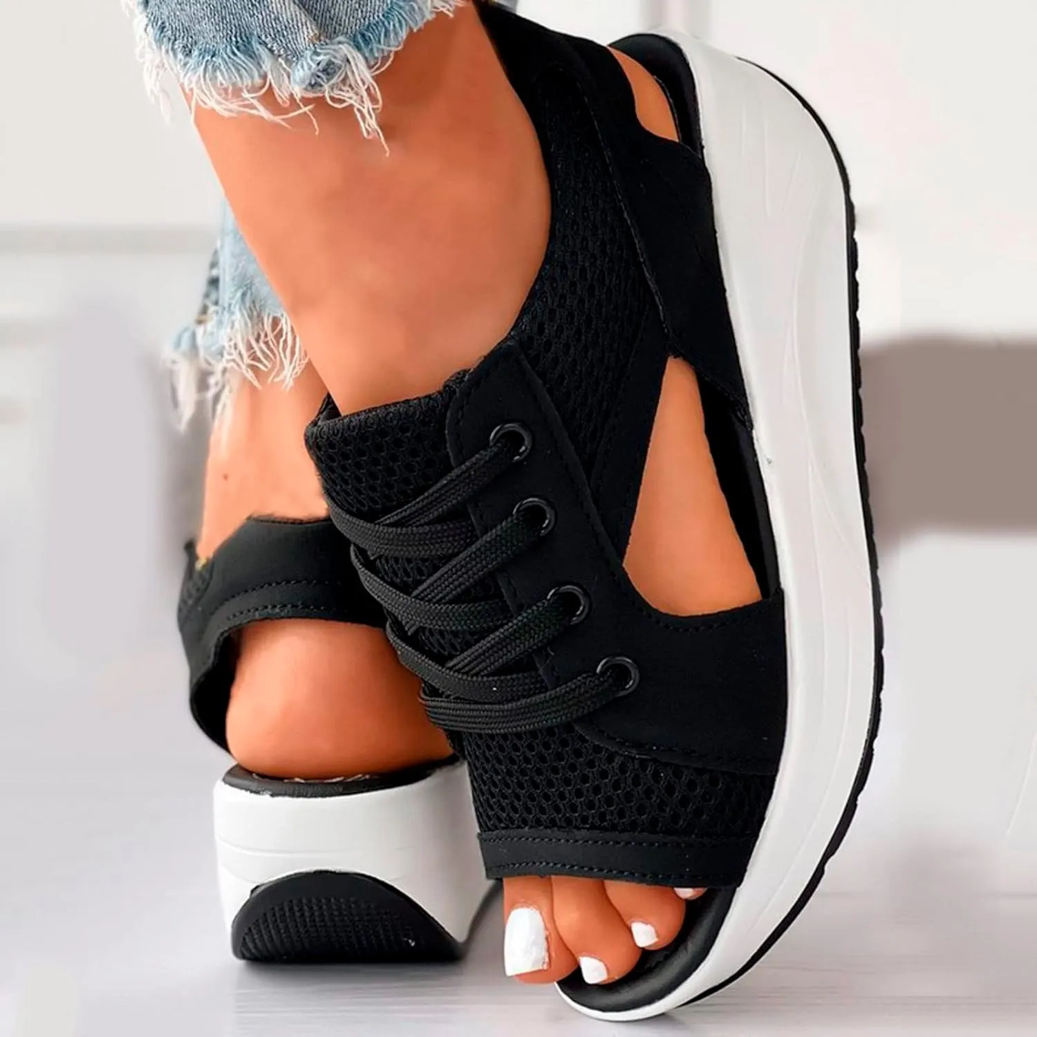 Cutout Lace Up Muffin Sandals for Women Peep Toe Platform Sneakers Breathable Mesh Sport Shoes Summer Walking Sandals