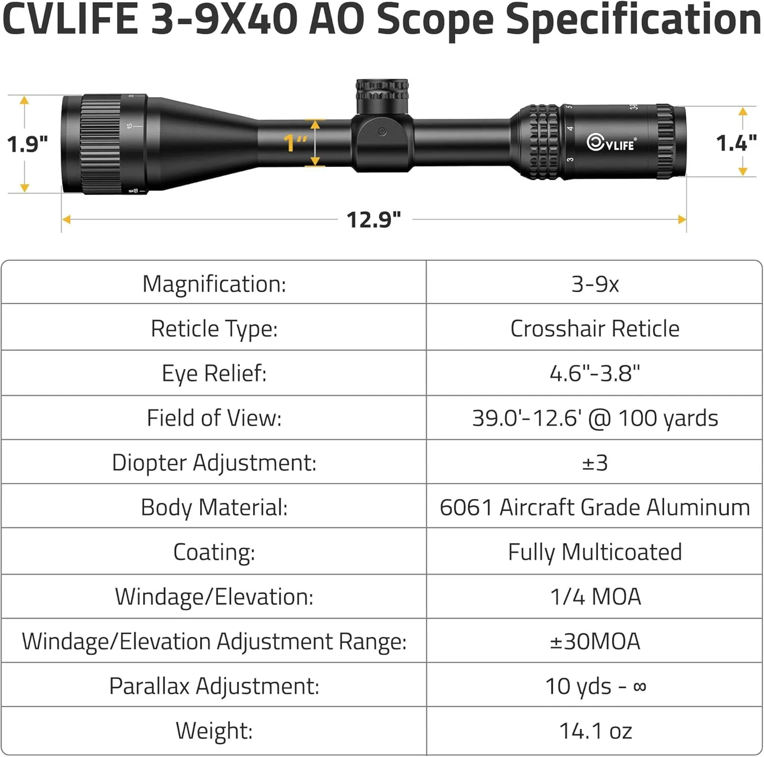 CVLIFE JackalHowl F02 AO Rifle Scope - SFP Hunting Rifle Scope with Parallax Adjustment and 20mm Scope Rings - Second Focal Plane