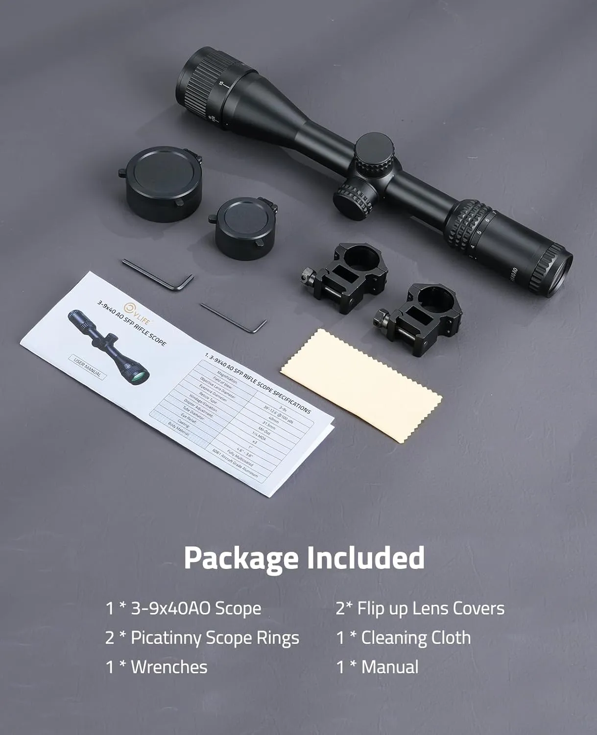 CVLIFE JackalHowl F02 AO Rifle Scope - SFP Hunting Rifle Scope with Parallax Adjustment and 20mm Scope Rings - Second Focal Plane