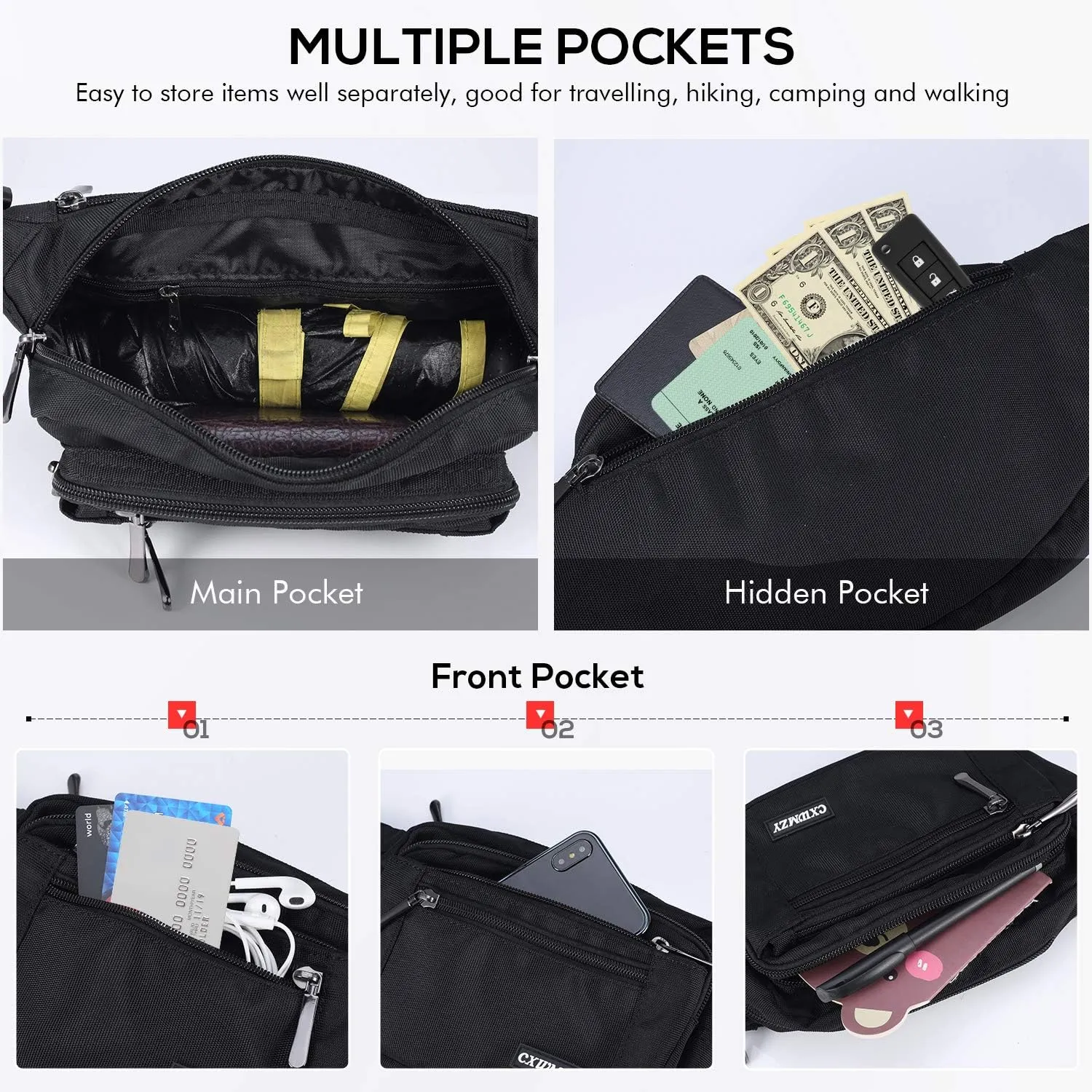 CXWMZY Fanny Packs For Women & Men Waist Pack Hip Bum Bag with Multi-Pockets Large Capacity Waterproof Casual Bum Bag for Disney Traveling Casual Cycling Running Hiking
