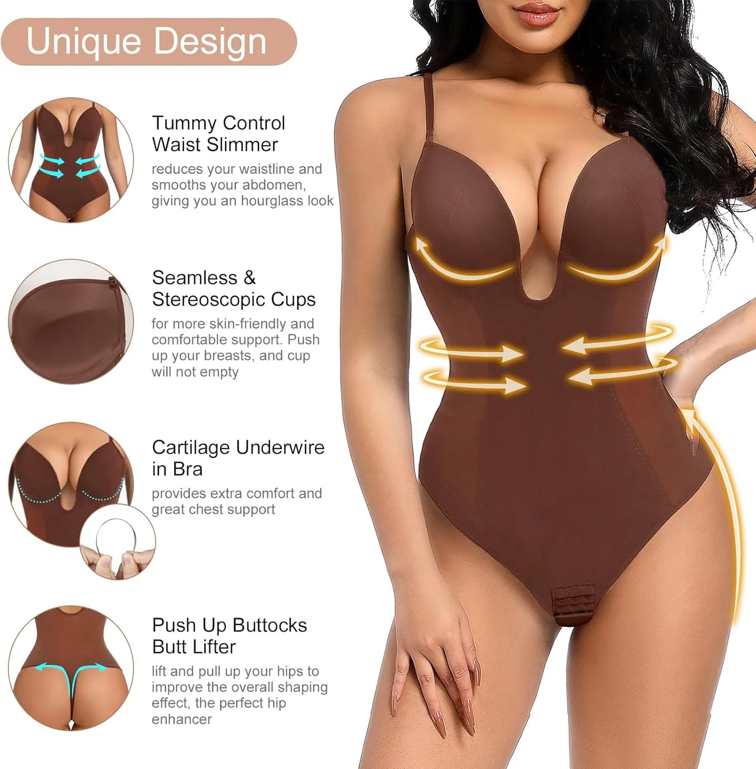 Decorus Women's Low Back Shapewear Tummy Control Deep V Neck Backless Body Shaper Plunge Thong Bridal Bodysuit Built in Bra