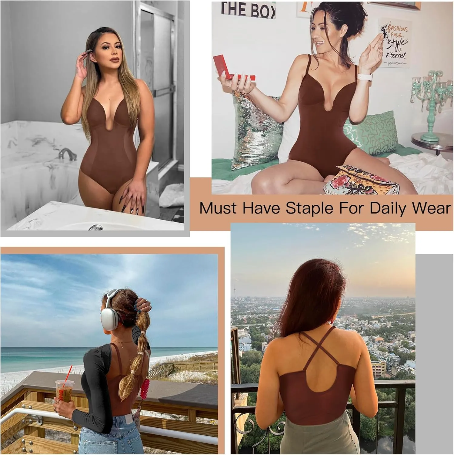Decorus Women's Low Back Shapewear Tummy Control Deep V Neck Backless Body Shaper Plunge Thong Bridal Bodysuit Built in Bra