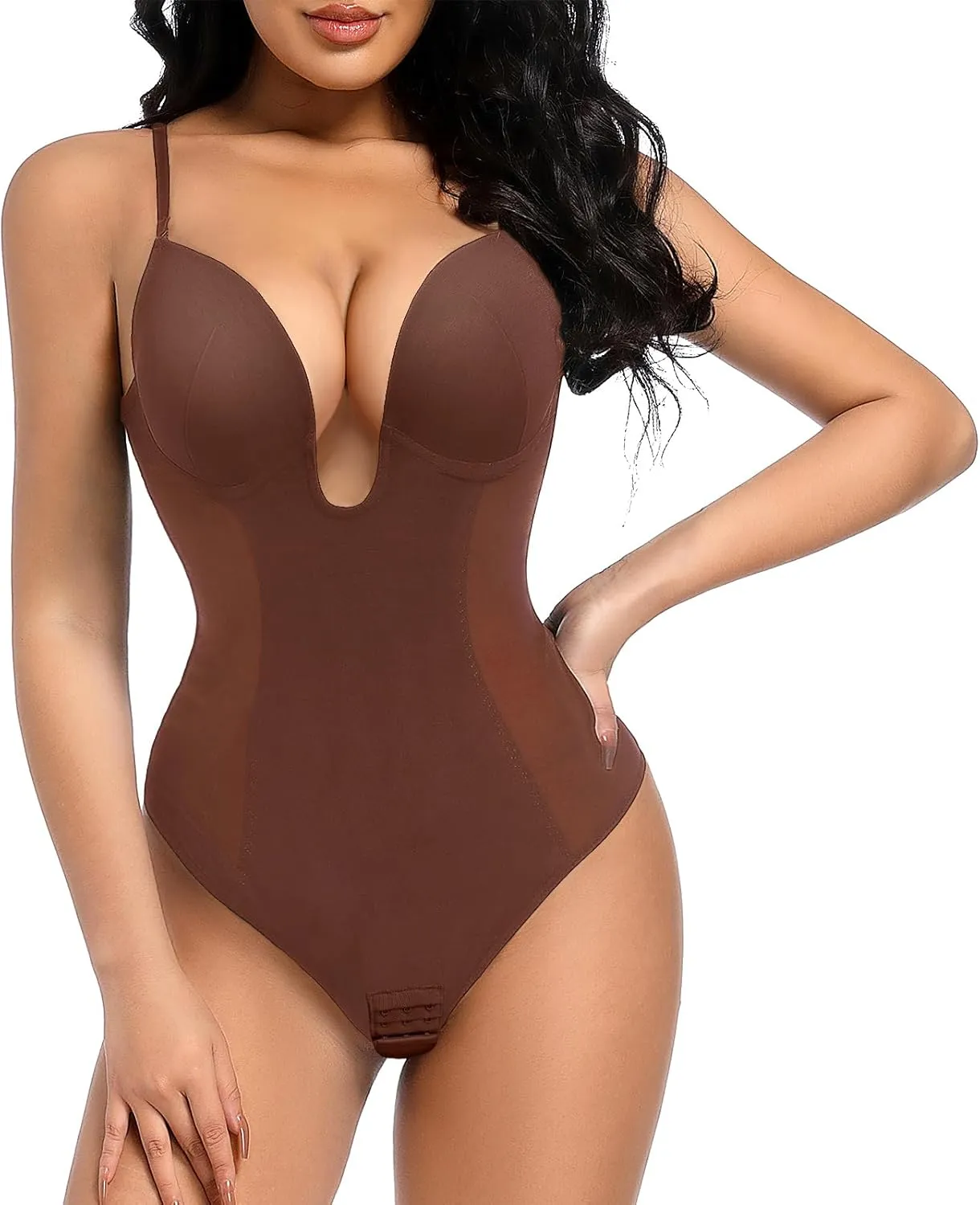 Decorus Women's Low Back Shapewear Tummy Control Deep V Neck Backless Body Shaper Plunge Thong Bridal Bodysuit Built in Bra