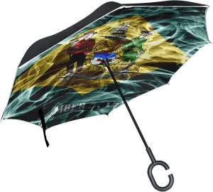 Delaware Flag Large Inverted Umbrella, Rain Reverse Sun Parasol, Strong Double Layer Car Umbrella with UV Protection Upside Down with C-Shaped Handle