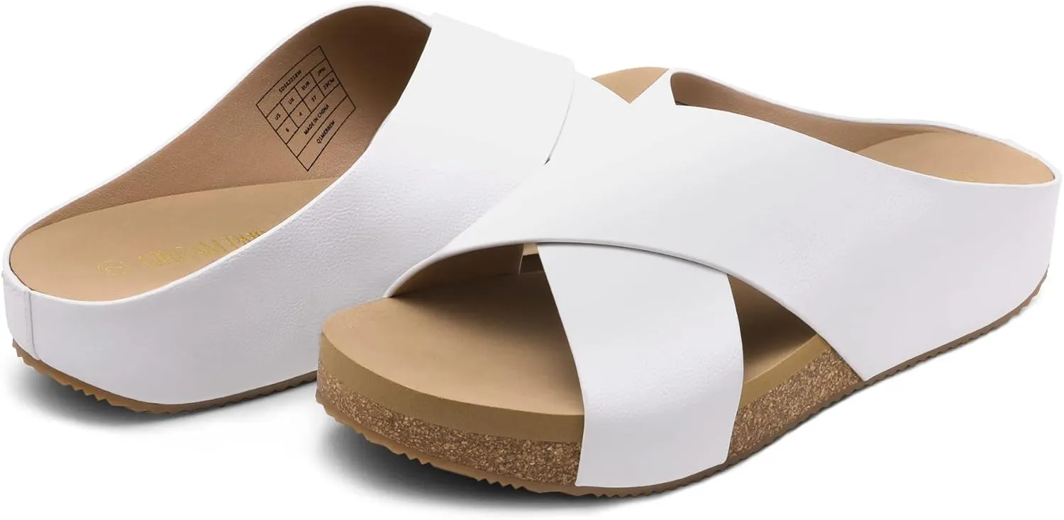 DREAM PAIRS Women's Cork Slide Sandals Slip on Open Toe Cute Platform Criss Cross Flat Sandals for Summer