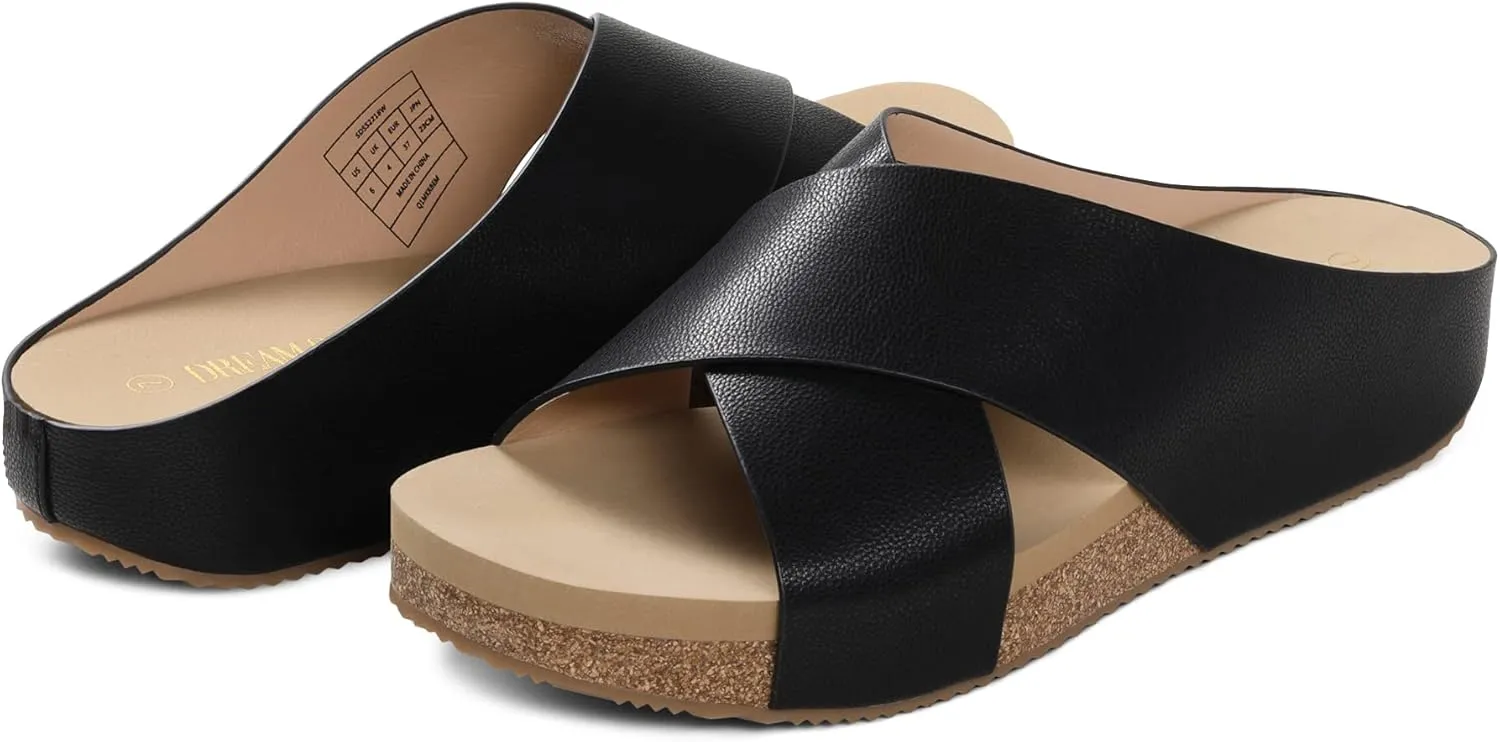DREAM PAIRS Women's Cork Slide Sandals Slip on Open Toe Cute Platform Criss Cross Flat Sandals for Summer