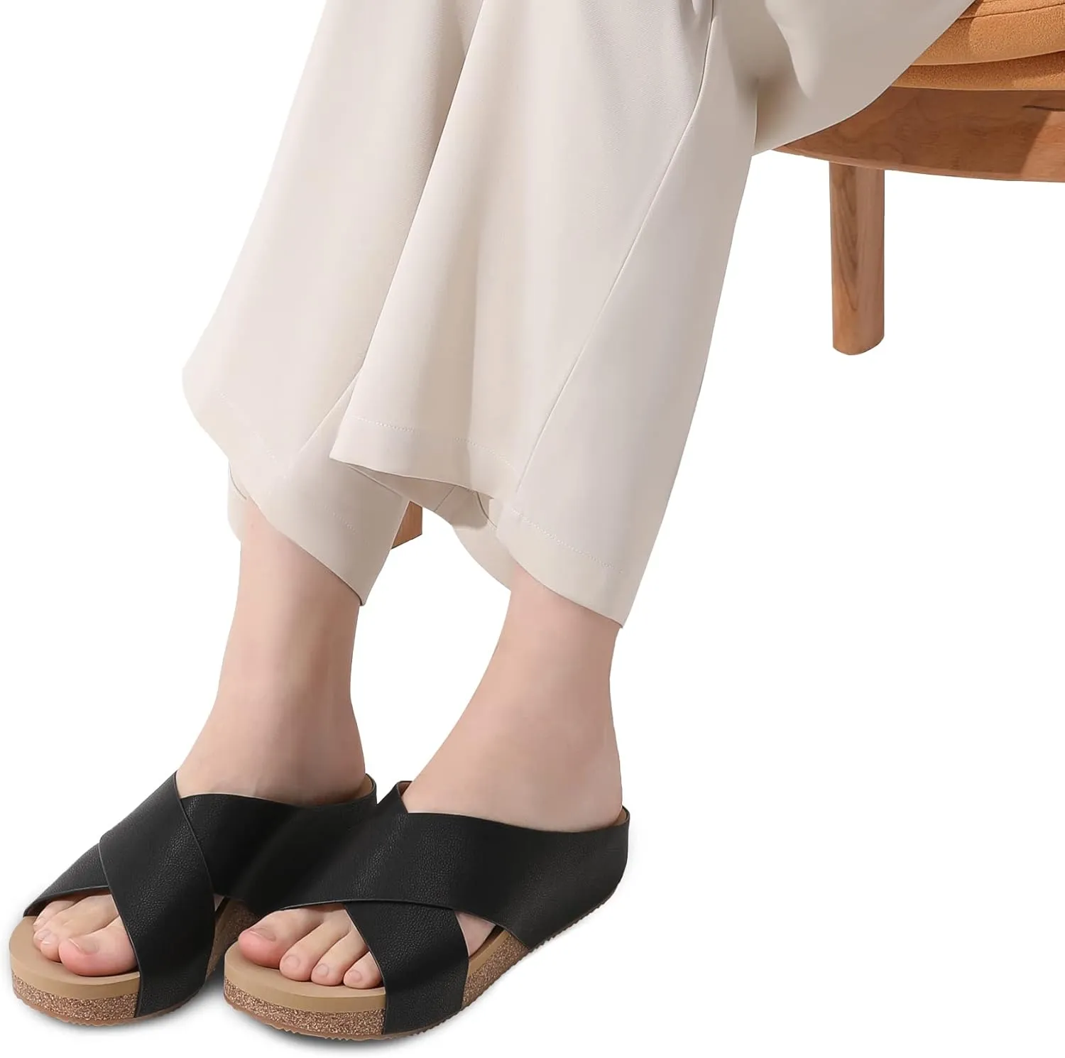 DREAM PAIRS Women's Cork Slide Sandals Slip on Open Toe Cute Platform Criss Cross Flat Sandals for Summer