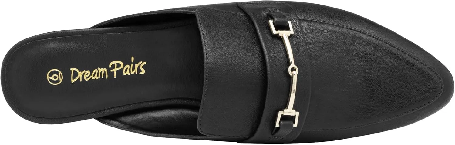 DREAM PAIRS Women's Flat Mules Buckle Pointed Toe Backless Slip on Slides Loafer Shoes