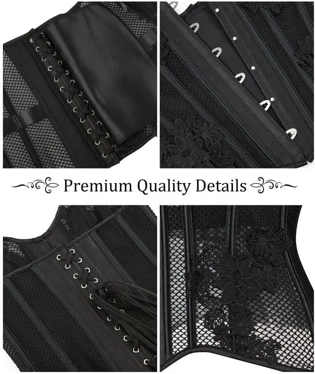 Dreay Black Women's Breathable Corset Top - Sexy See Through Mesh - Satin Overbust Lace Up - Waist Trainer for Women