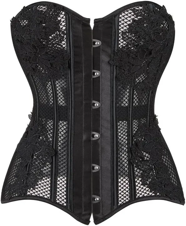 Dreay Black Women's Breathable Corset Top - Sexy See Through Mesh - Satin Overbust Lace Up - Waist Trainer for Women