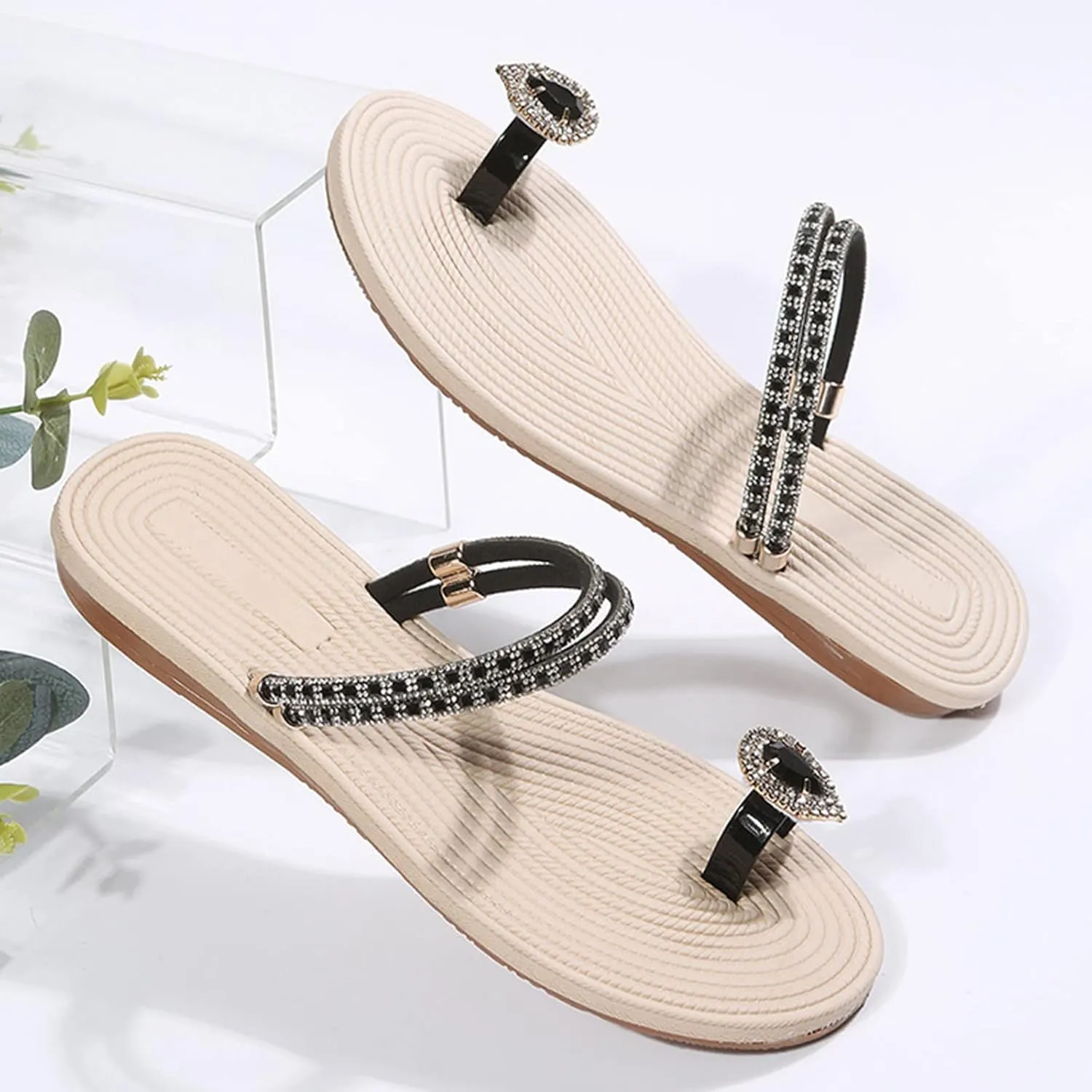 Eduavar Summer Sandals for Women, Orthopedic Sandals for Women Rhinestone Flat Sandals Comfortable Ring Toe Slippers