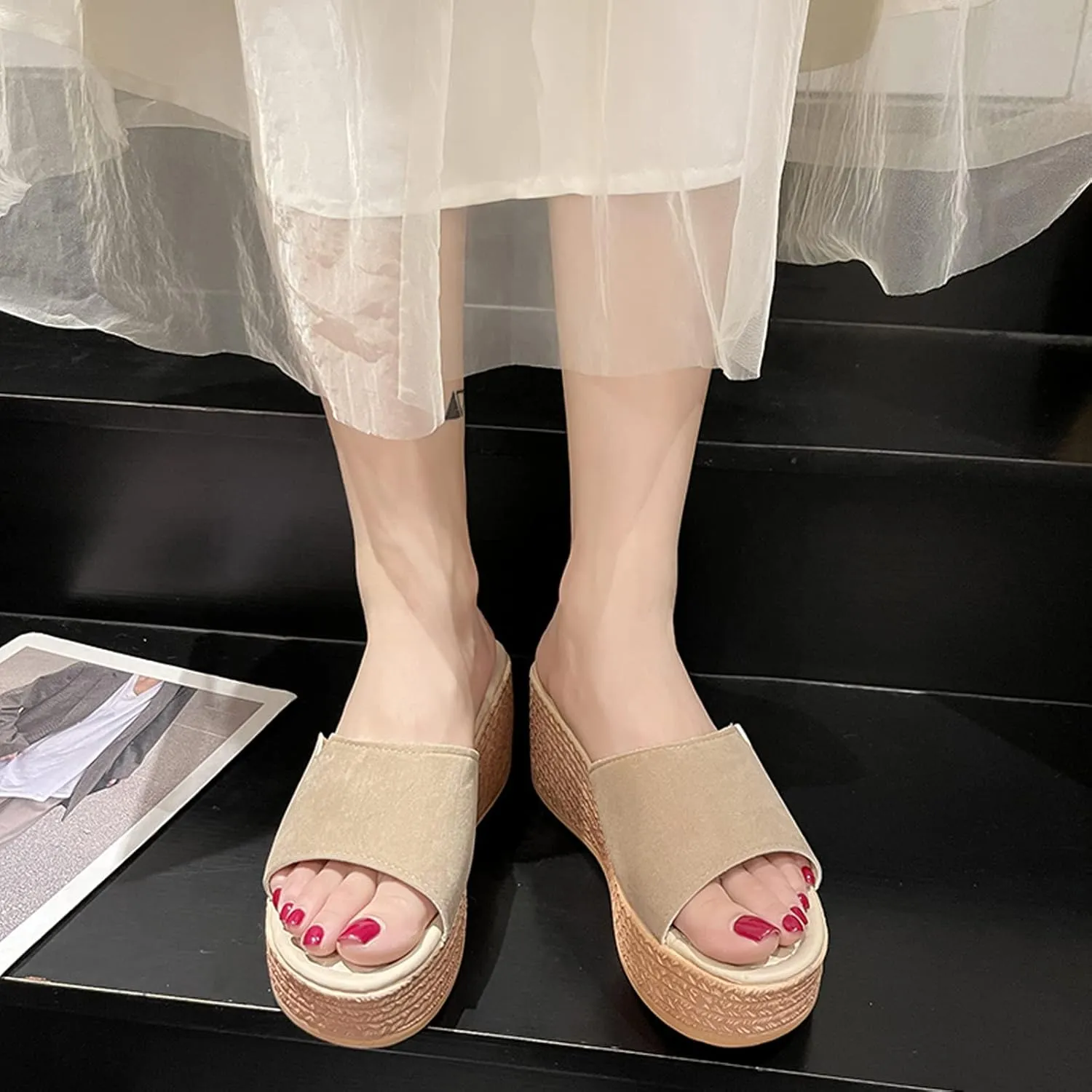 EFTCAL Women Open Toe Suede Platform Sandal,Comfort Slip On Backless Espadrille Wedge Sandals with Arch Support,Casual Fashion Non-Slip Beach Slide