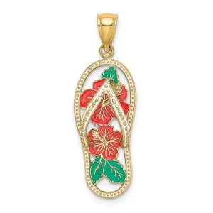 Enamel Red Hibiscus Flower Flip-Flop Charm Pendant in Real 14k Yellow Gold