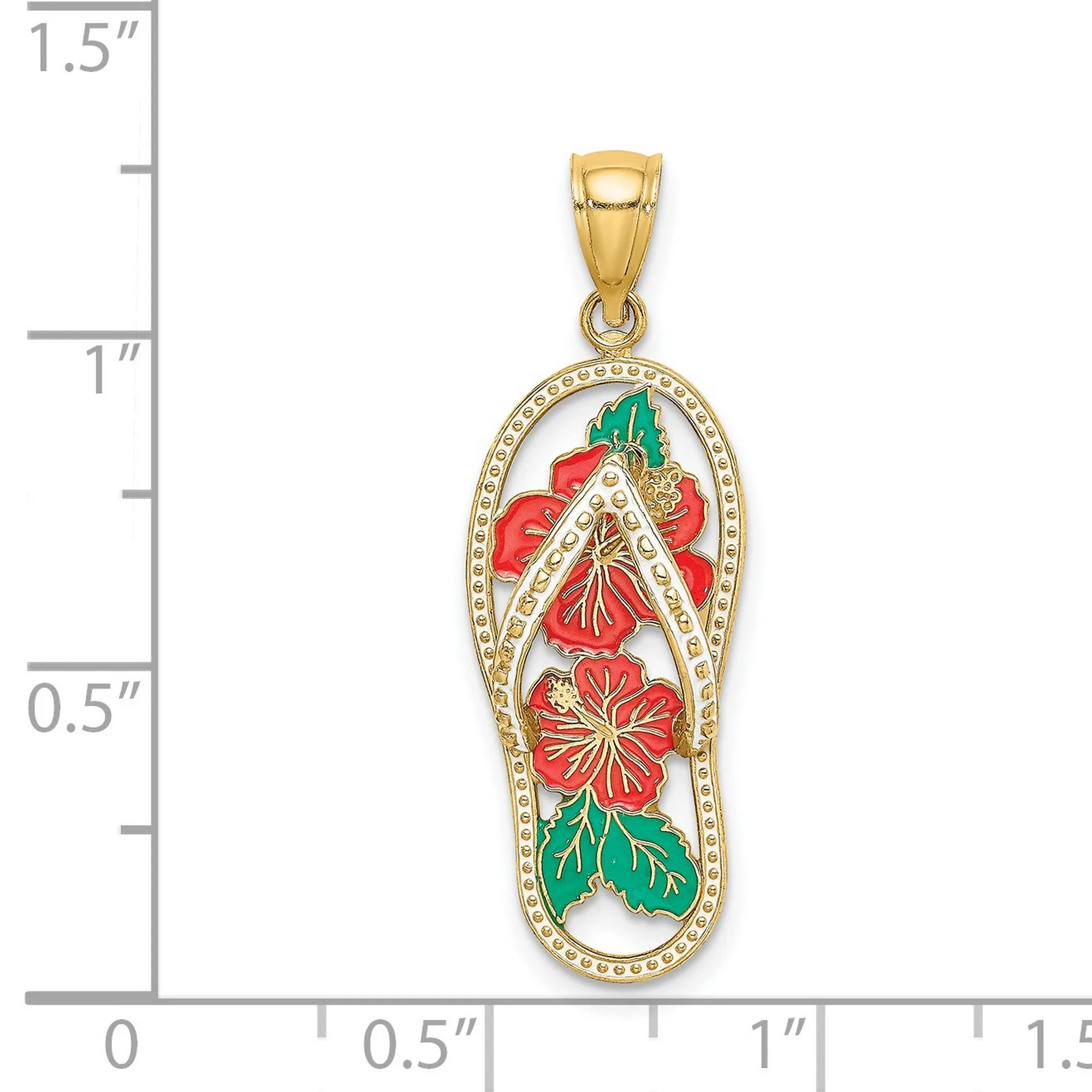 Enamel Red Hibiscus Flower Flip-Flop Charm Pendant in Real 14k Yellow Gold