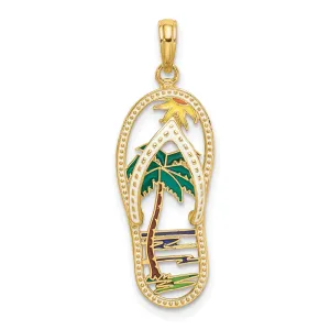 Enameled Palm Tree and Water Scene on Flip Flop Sandal Charm Pendant in Real 14k Yellow Gold