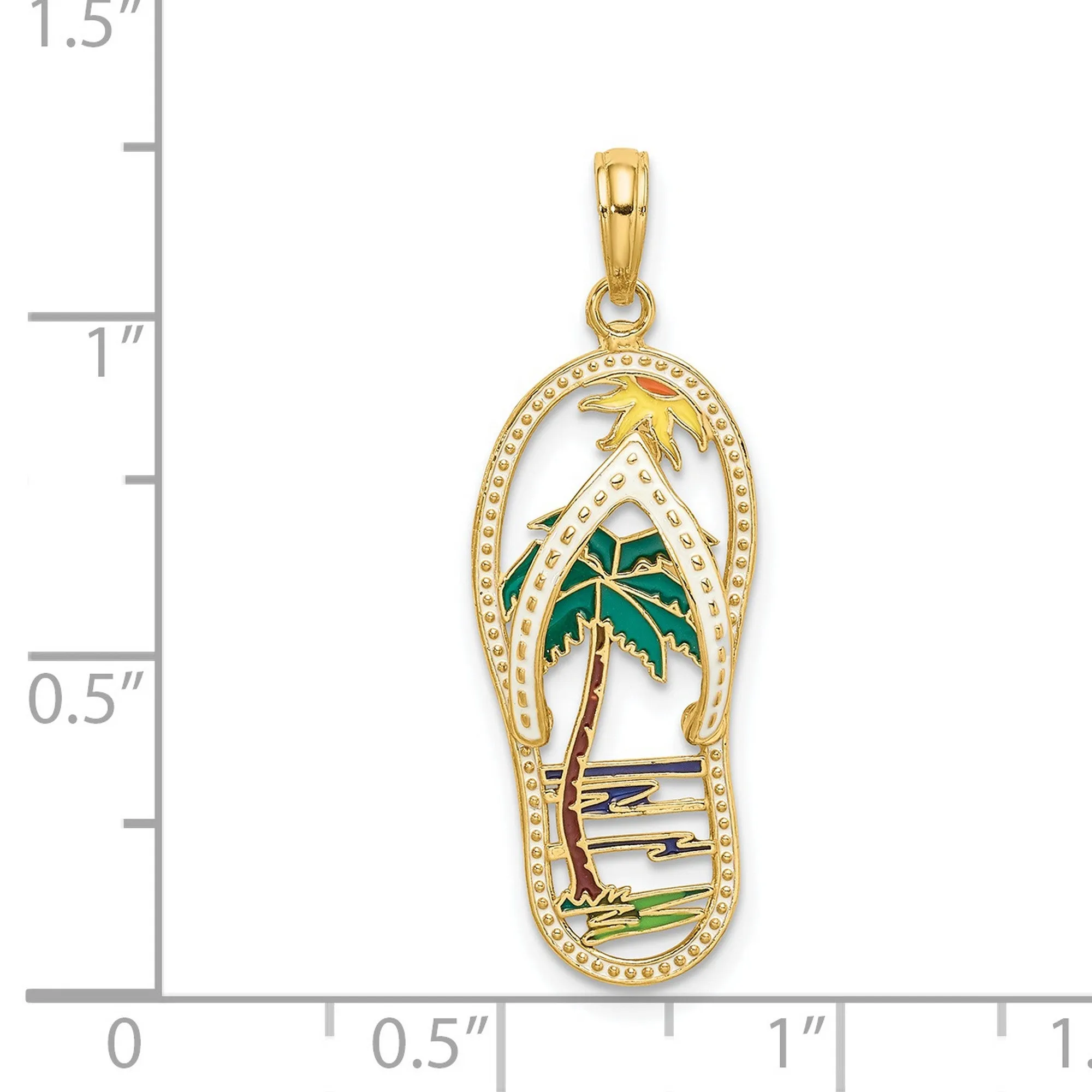 Enameled Palm Tree and Water Scene on Flip Flop Sandal Charm Pendant in Real 14k Yellow Gold