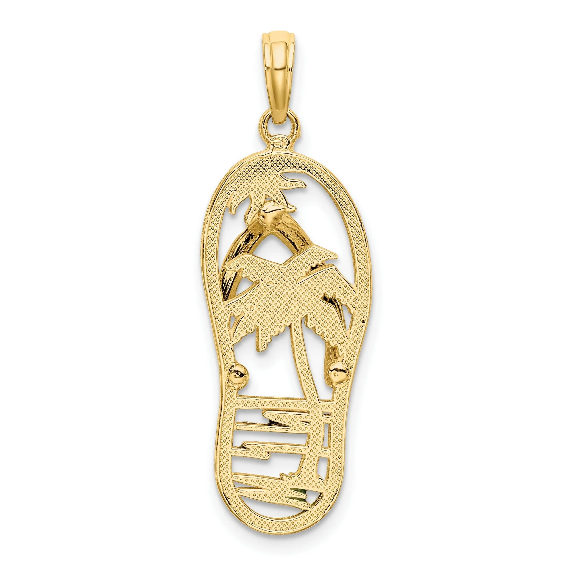Enameled Palm Tree and Water Scene on Flip Flop Sandal Charm Pendant in Real 14k Yellow Gold