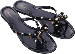 Epsion Women's Studded Jelly Flip Flop Sandals Casual Summer Flat Shoes Open Toes Rivets Bow Slide Beach Clear Slipper