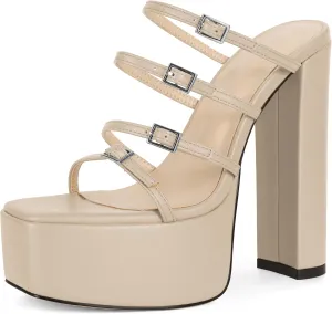Esvowido Platform Chunky Heels for Women Square Open Toe Adjustable Straps Platform Mule Sandals with High Heel for Party Prom Wedding