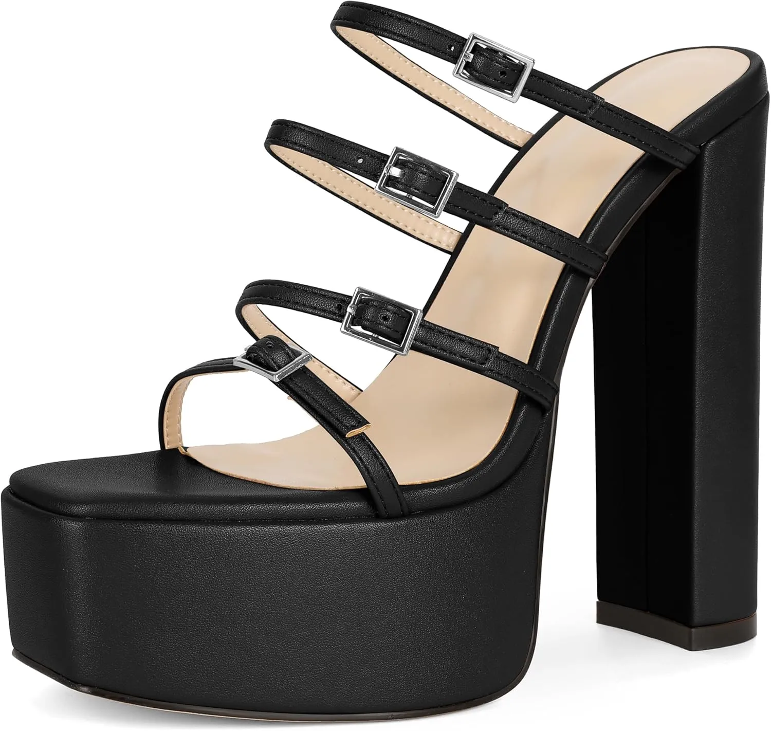 Esvowido Platform Chunky Heels for Women Square Open Toe Adjustable Straps Platform Mule Sandals with High Heel for Party Prom Wedding