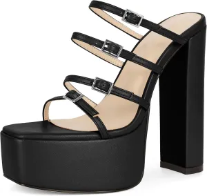 Esvowido Platform Chunky Heels for Women Square Open Toe Adjustable Straps Platform Mule Sandals with High Heel for Party Prom Wedding