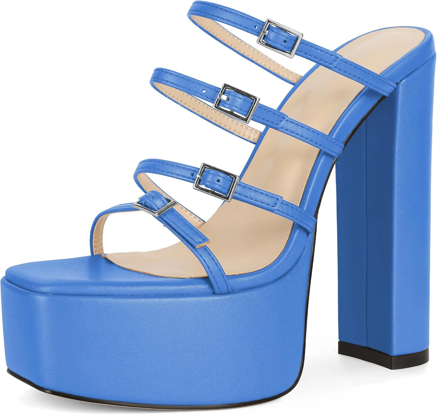Esvowido Platform Chunky Heels for Women Square Open Toe Adjustable Straps Platform Mule Sandals with High Heel for Party Prom Wedding