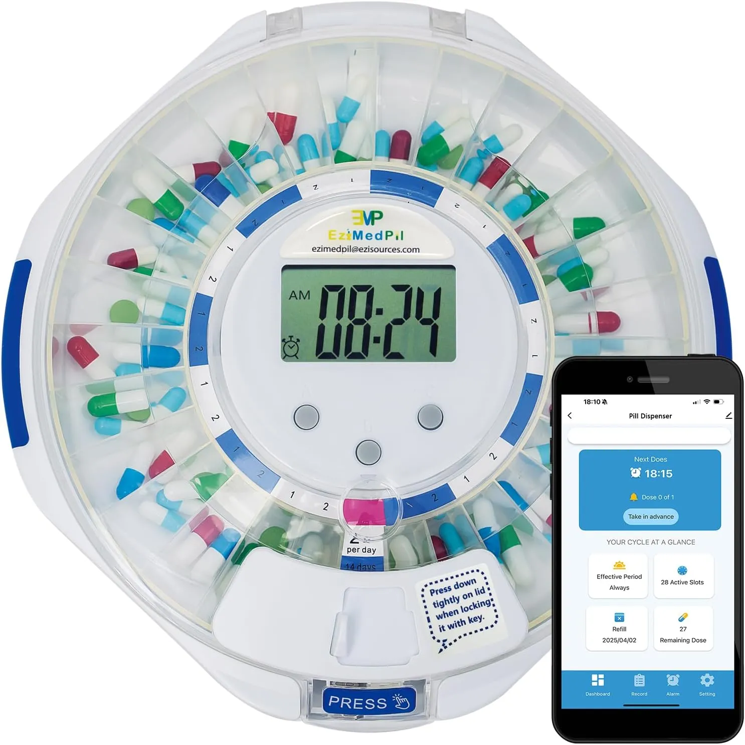 EziMedPil Bluetooth Pill Dispenser w/Sound & Light Alerts, up to 9 Alarms/Daily, Key Lock, LCD & Easy Setup on SmartLife App, 28-Day Medication Dispenser for Prescriptions, Vitamins & More, Clear Lid