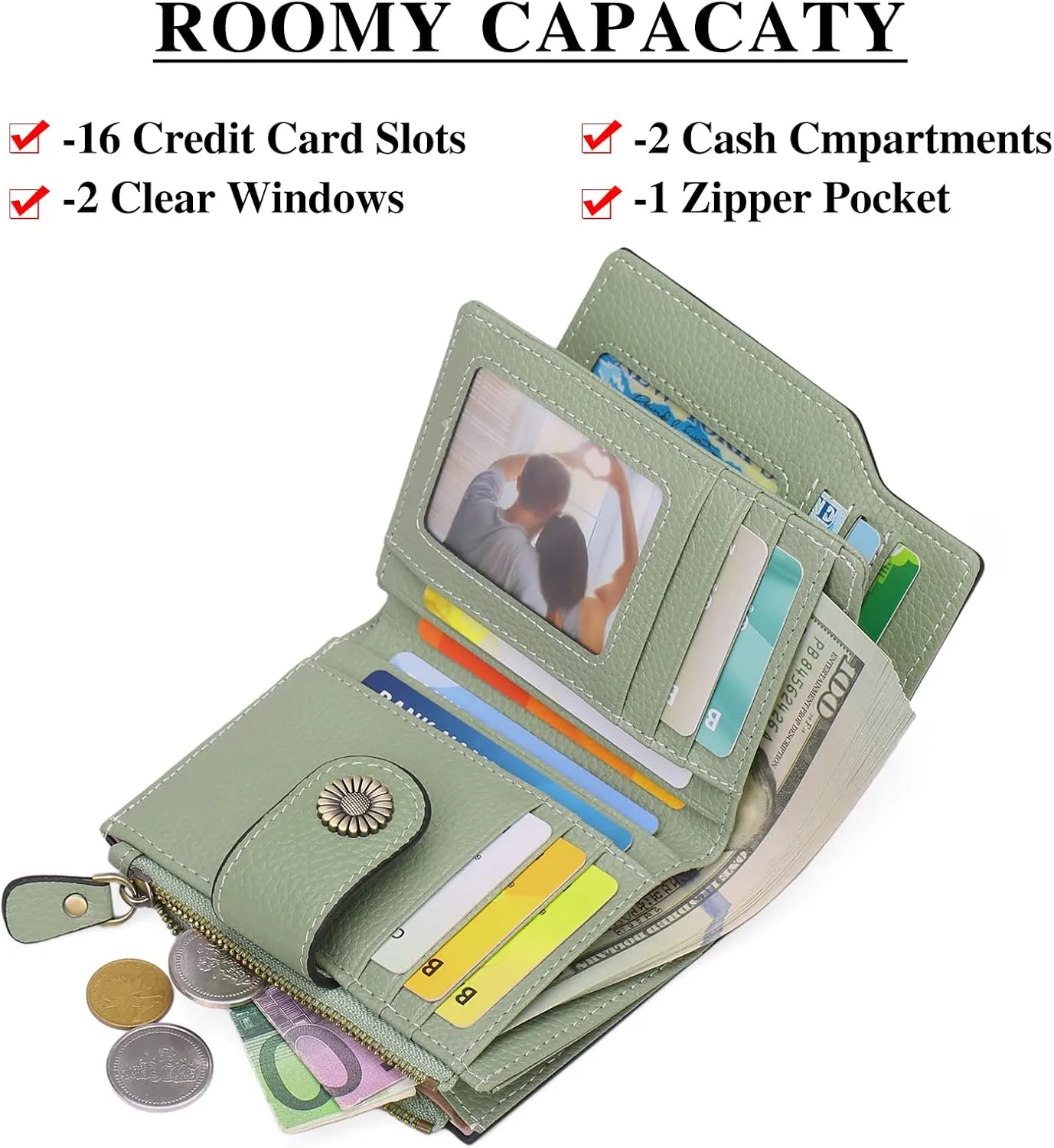 Falan Mule Women's Lightweight Genuine Leather Wallet, Includes Card Holders, RFID-Blocking, Lightweight, Photo & ID Holder, Green