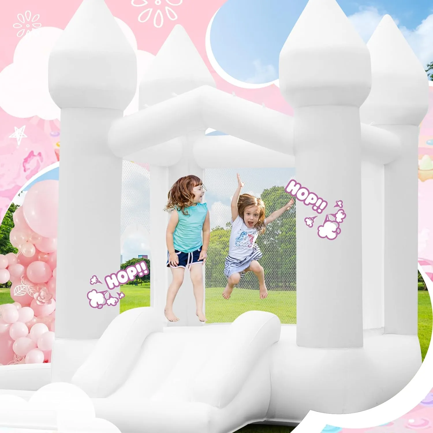 FBSPORT White Bounce House, Inflatable Bouncer with Air Blower,Indoor & Outdoor Bouncy Castle with Big Ball Pit for Wedding Party Kids Birthday Party, Easy to Install