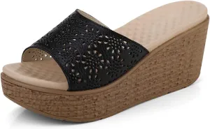 fereshte Women's Hollow Out Flower Sandals Platform Slide Open Toe Leather