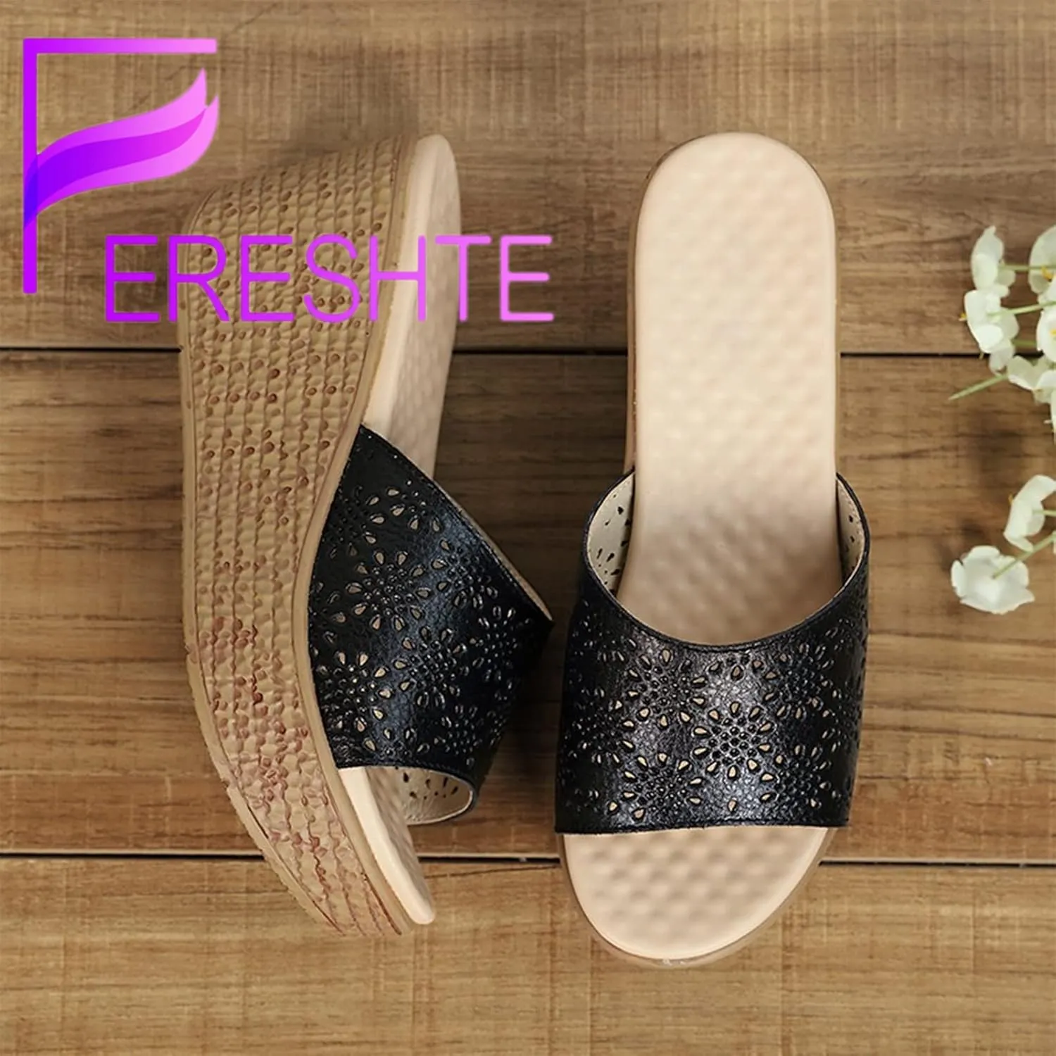 fereshte Women's Hollow Out Flower Sandals Platform Slide Open Toe Leather