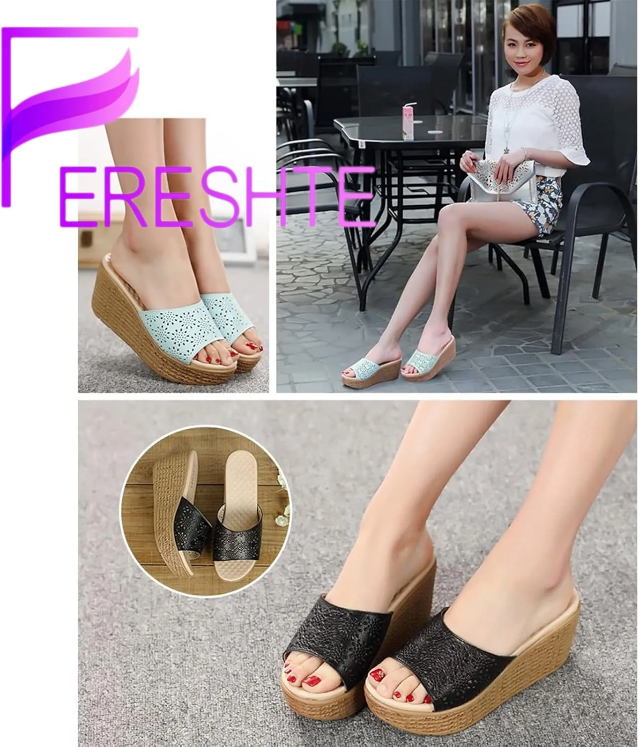 fereshte Women's Hollow Out Flower Sandals Platform Slide Open Toe Leather