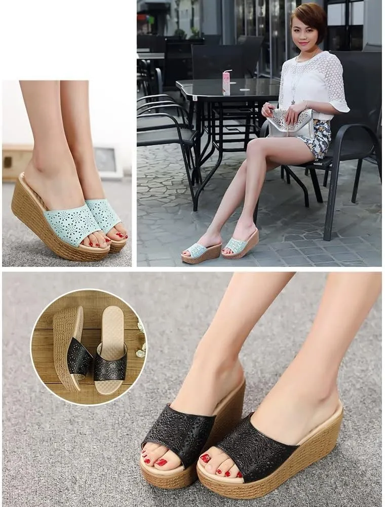 fereshte Women's Hollow Out Flower Sandals Platform Slide Open Toe Leather