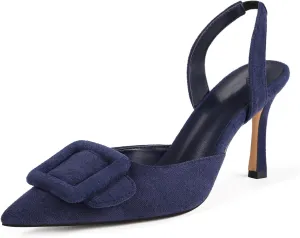 Fericzot Slingback Kitten Heels for Women,Sling Back Buckle Pumps Pointed Toe Kitten Heels Suede Wedding Party Shoes