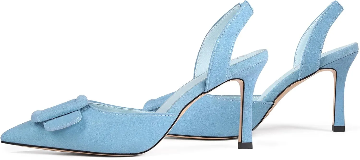 Fericzot Slingback Kitten Heels for Women,Sling Back Buckle Pumps Pointed Toe Kitten Heels Suede Wedding Party Shoes