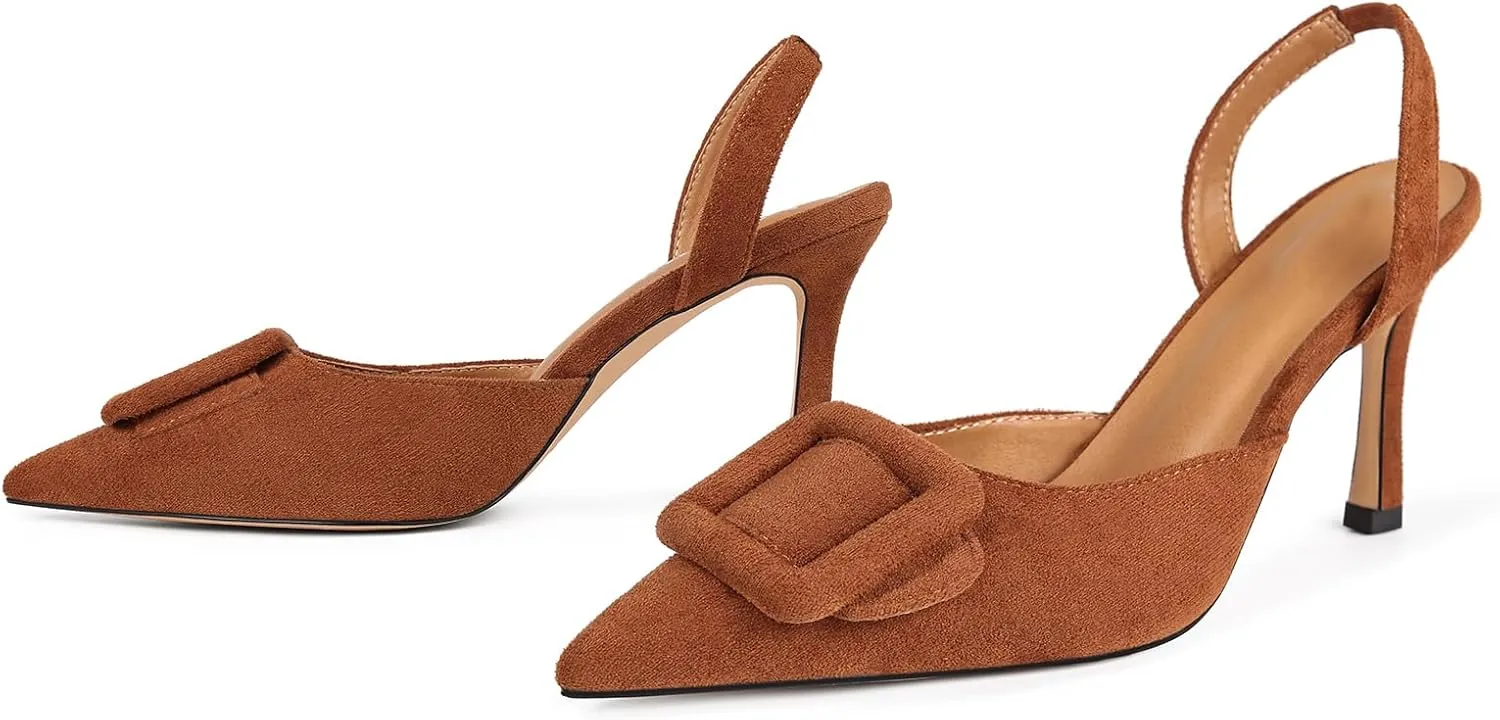 Fericzot Slingback Kitten Heels for Women,Sling Back Buckle Pumps Pointed Toe Kitten Heels Suede Wedding Party Shoes