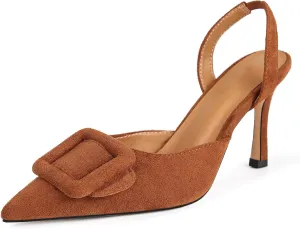 Fericzot Slingback Kitten Heels for Women,Sling Back Buckle Pumps Pointed Toe Kitten Heels Suede Wedding Party Shoes