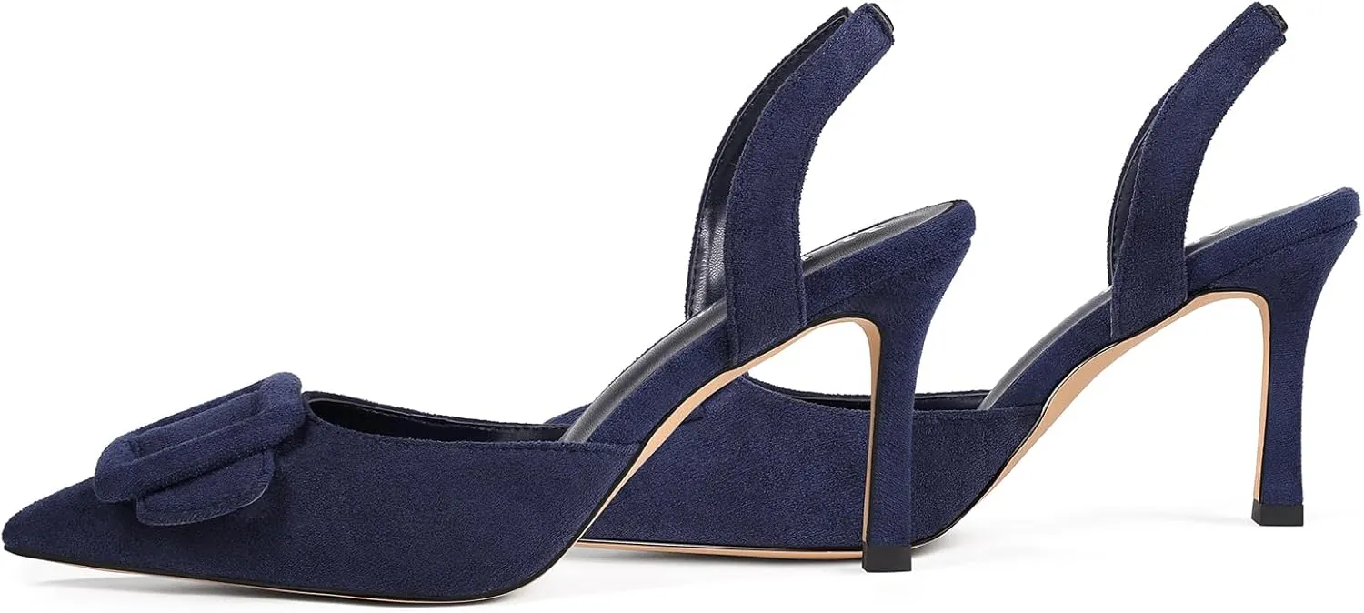 Fericzot Slingback Kitten Heels for Women,Sling Back Buckle Pumps Pointed Toe Kitten Heels Suede Wedding Party Shoes