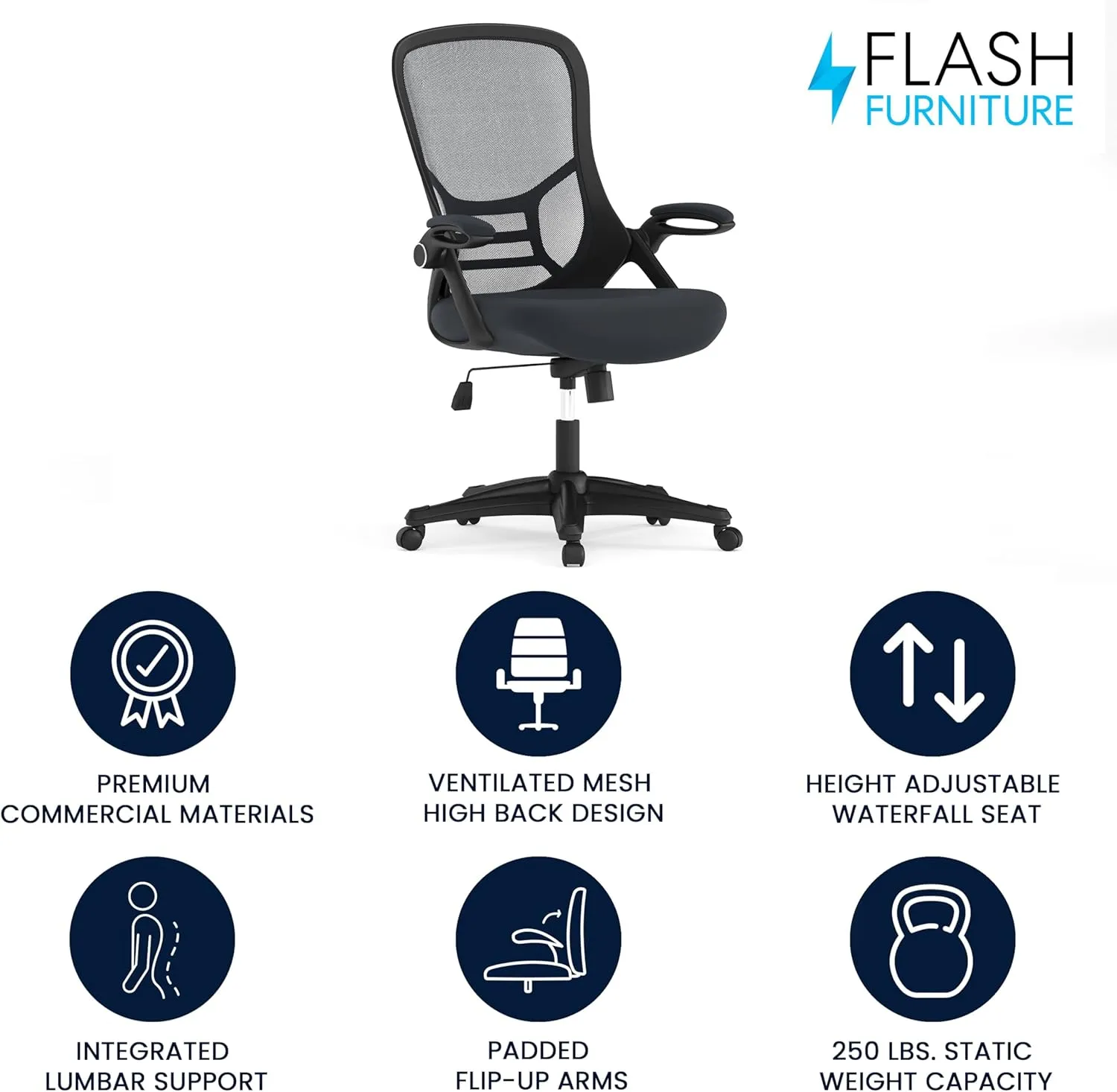 Flash Furniture Porter High-Back Swivel Office Chair with Adjustable Lumbar Support and Seat Height, Ergonomic Mesh Desk Chair with Flip-Up Armrests, Black