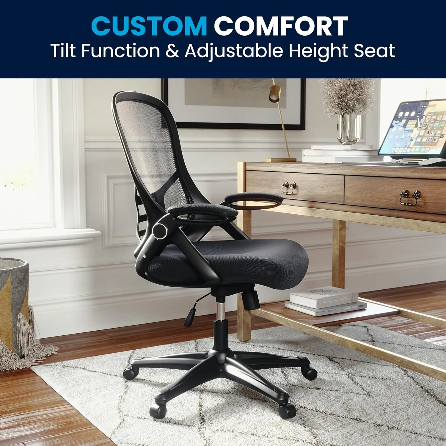 Flash Furniture Porter High-Back Swivel Office Chair with Adjustable Lumbar Support and Seat Height, Ergonomic Mesh Desk Chair with Flip-Up Armrests, Black