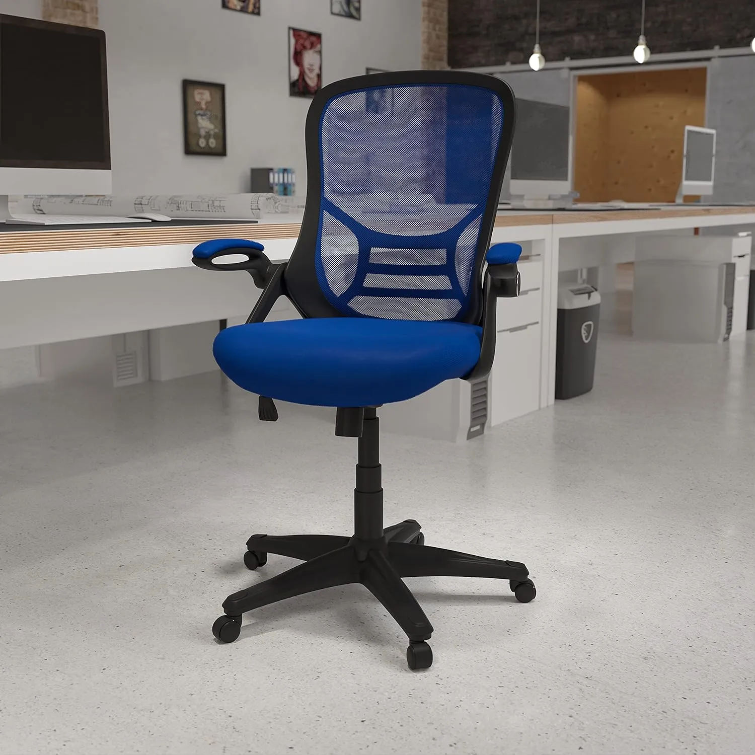 Flash Furniture Porter High-Back Swivel Office Chair with Adjustable Lumbar Support and Seat Height, Ergonomic Mesh Desk Chair with Flip-Up Armrests, Blue/Black