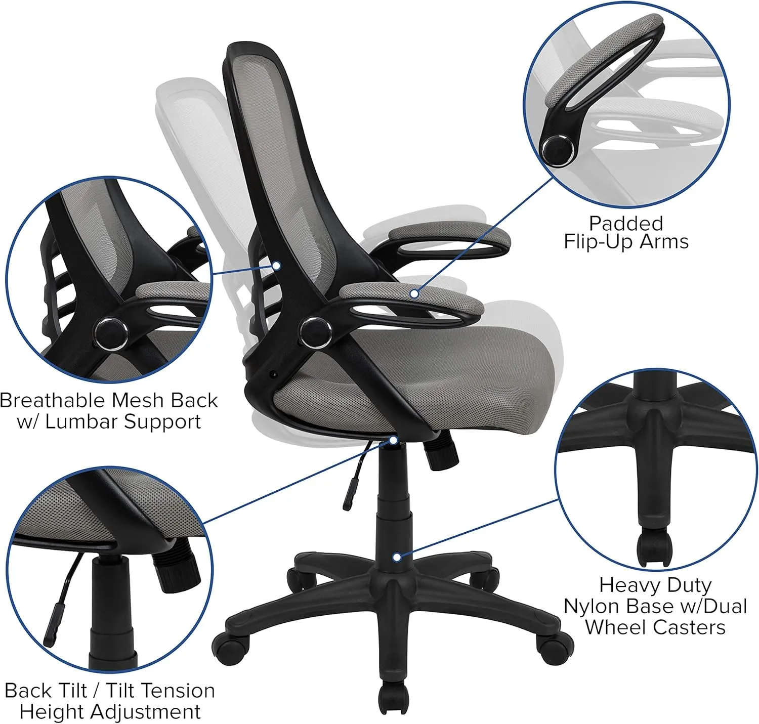 Flash Furniture Porter High-Back Swivel Office Chair with Adjustable Lumbar Support and Seat Height, Ergonomic Mesh Desk Chair with Flip-Up Armrests, Gray/Black