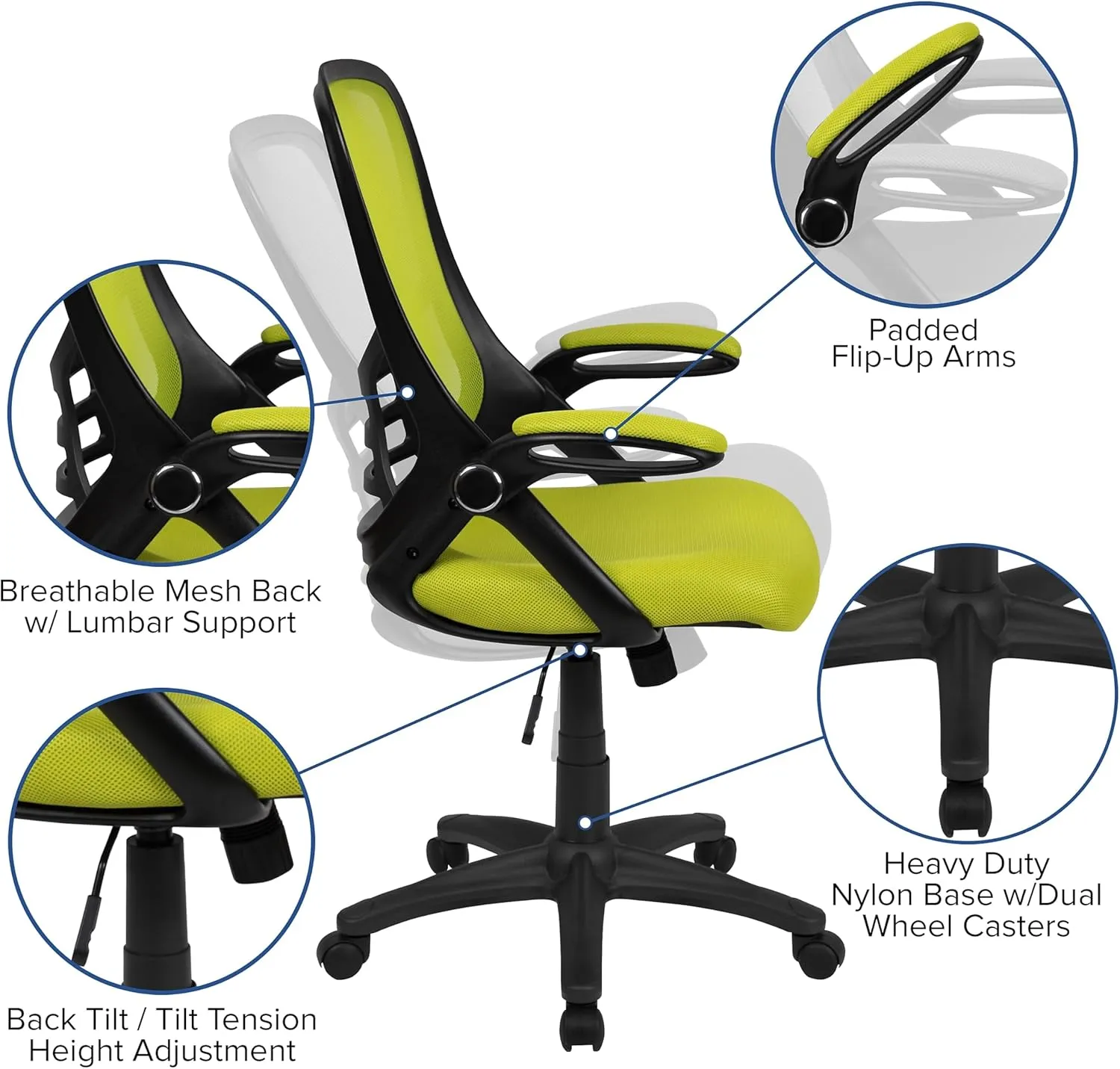 Flash Furniture Porter Mesh High Back Ergonomic Swivel Office Chair with Lumbar Support, Flip-Up Arms, Tilt Lock/Tilt Tension, Height Adjustable, Black/Green Frame