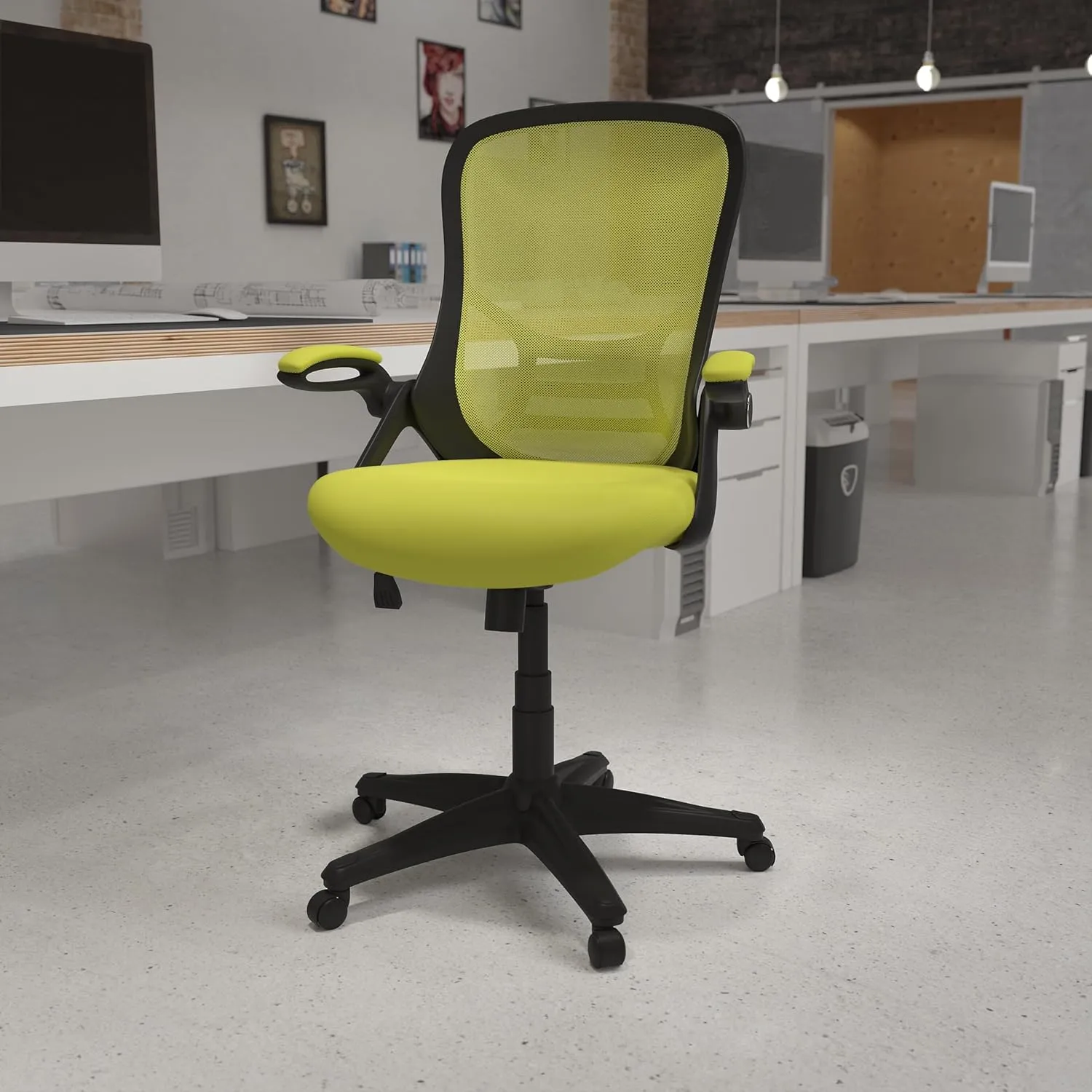 Flash Furniture Porter Mesh High Back Ergonomic Swivel Office Chair with Lumbar Support, Flip-Up Arms, Tilt Lock/Tilt Tension, Height Adjustable, Black/Green Frame