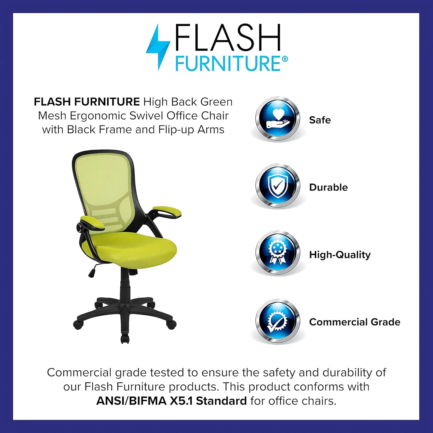 Flash Furniture Porter Mesh High Back Ergonomic Swivel Office Chair with Lumbar Support, Flip-Up Arms, Tilt Lock/Tilt Tension, Height Adjustable, Black/Green Frame